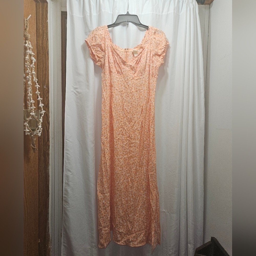 H&M Orange Floral Puff Sleeve Midi Dress With Side Slit And Zipper!